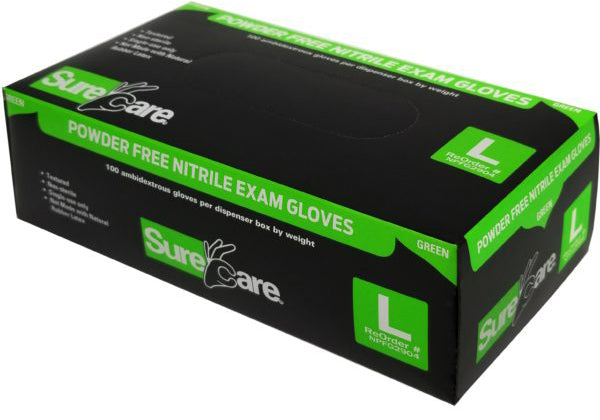 SureCare Deluxe Powder-Free, Latex-Free GREEN Nitrile Exam Gloves 7 mil